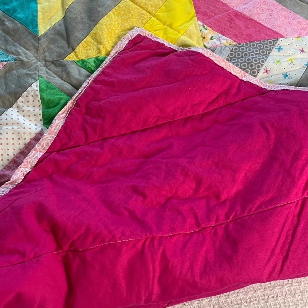 Handmade small lap quilt gray, pink, yellow, blue, purple, green